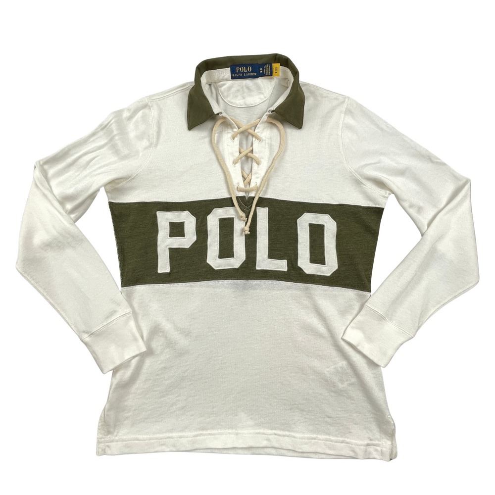 Polo Ralph Lauren Womens XS Lace Up Rugby Shirt White Olive Spellout Shirt FLAW